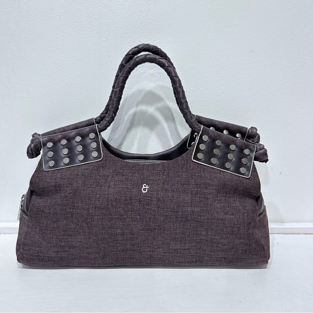 MATT & NAT Women’s Brown Canvas Brown Vegan Leather Handbag, Metal Stud Detail